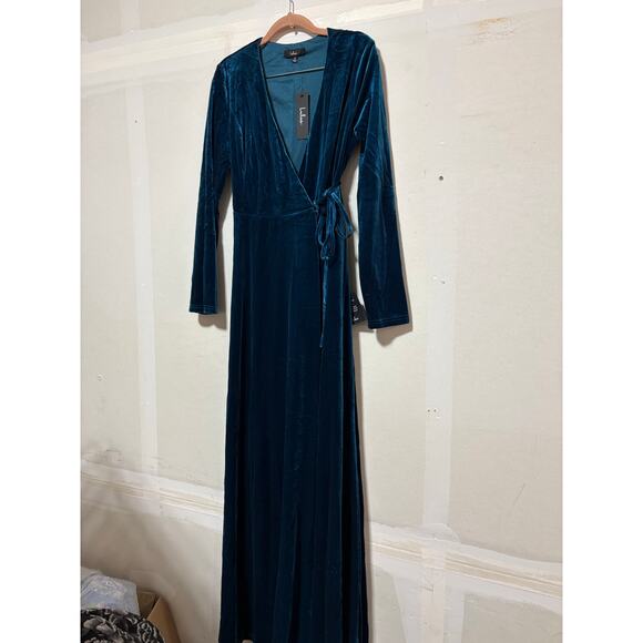 MEDIUM Lulu’s Jacinda Teal Blue Velvet Wrap Maxi Dress - Picture 6 of 6